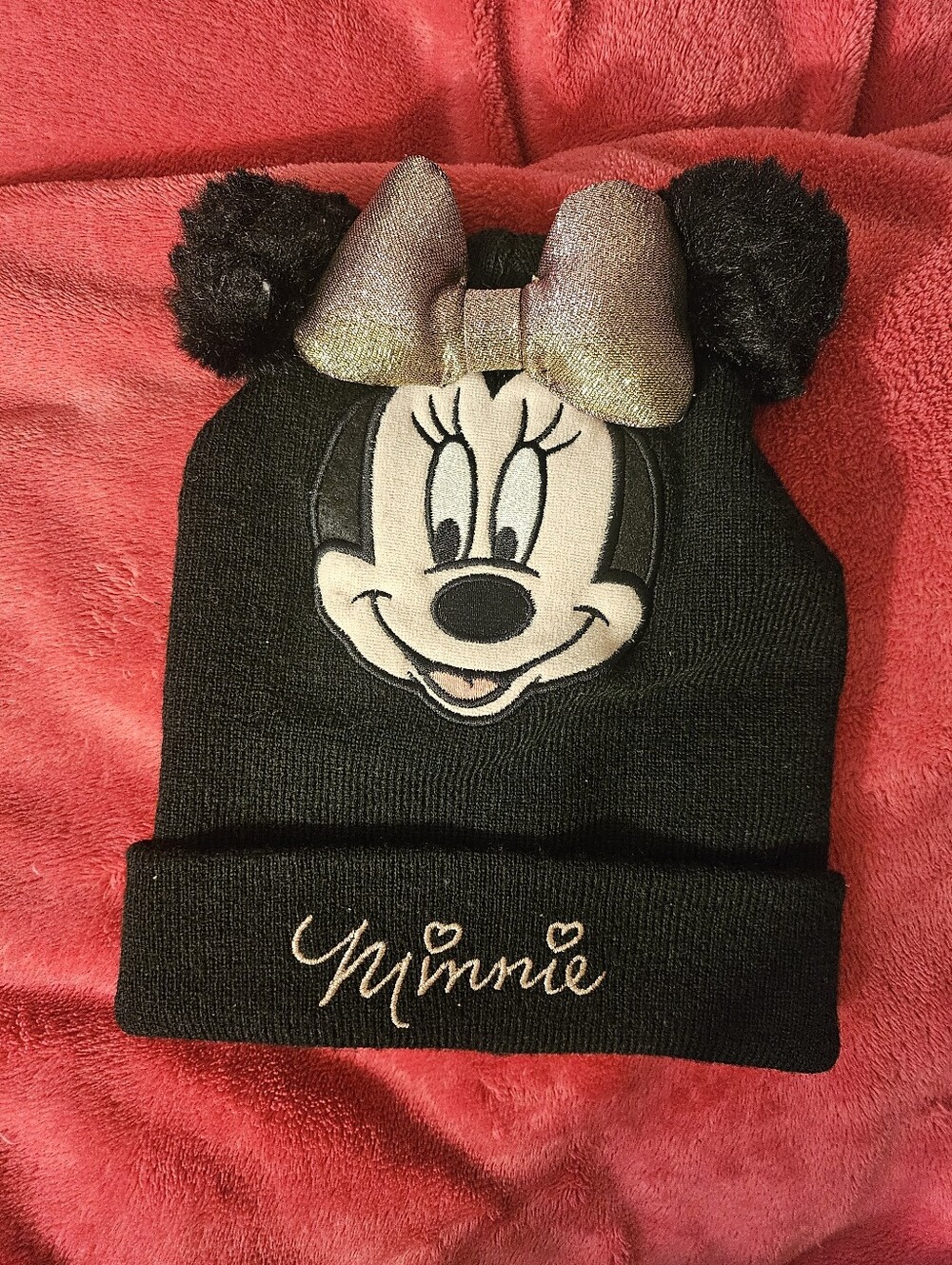 Disney Minnie Mouse Black Beanie with Sparkle Bow and Pom Poms